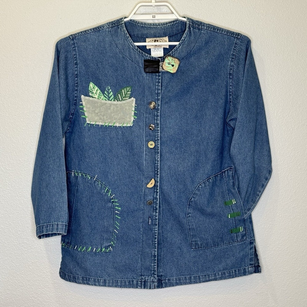 Vintage On the Rocks Womens Artsy Jean Jacket Medium Button Front Collarless USA